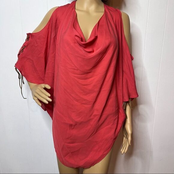 Haute Hippie Boho Cowl Neck Silk Blouse Open Shoulder Leather Laced Size Small - Picture 1 of 9